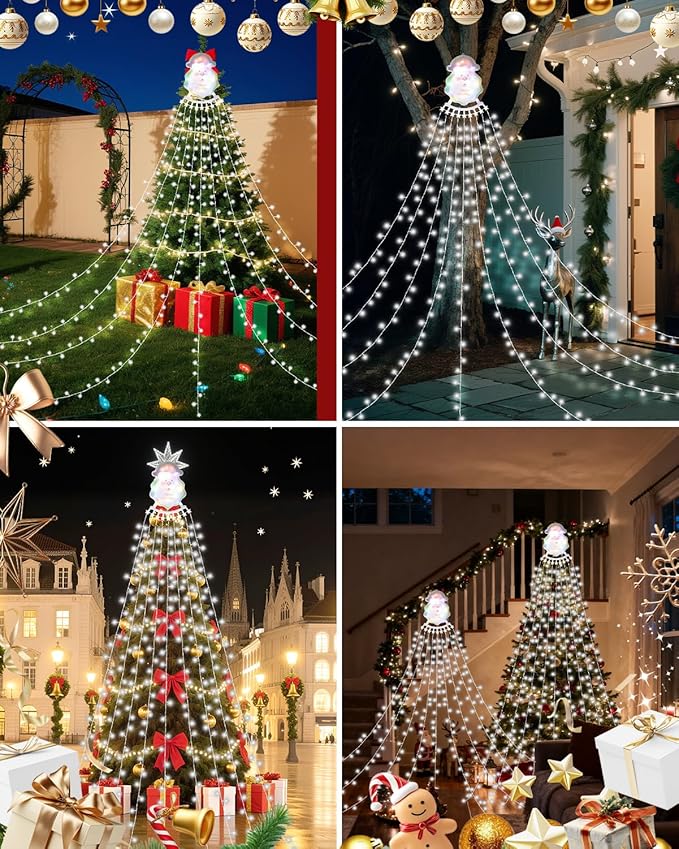 Christmas Waterfall Outdoor String Lights, Christmas Tree Lights with Topper 335 LED 11.48ft 9 Strands, 8 Lighting Modes Holiday New Year Decoration Lights for Wedding Yard Party Home Indoor Decor