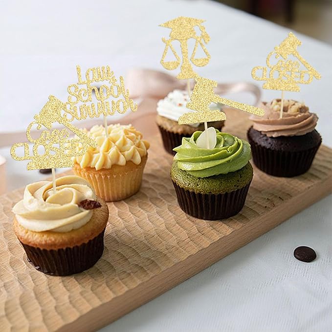 Gyufise 24Pcs Lawyer 2026 Graduation Cupcake Toppers Gold Glitter Class of 2026 Grad Cap Law School Survivor Cupcake Picks for 2026 Lawyer Graduation Party Cake Decorations Supplies