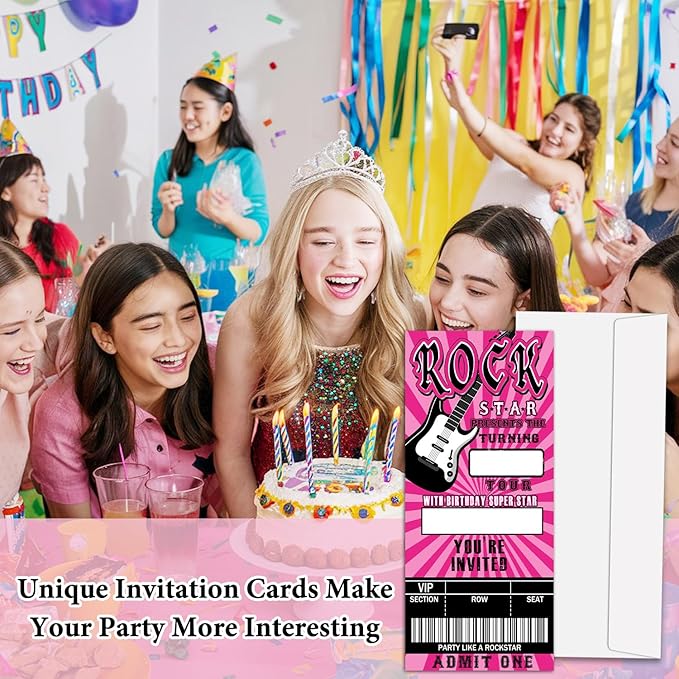 Rockstar Birthday Invitation Ticket, Rock Star Birthday Invitation for Teen Adult, 20 Pop Star Ticket With Envelopes, 3.5 x 8" Double-Sided Fill In Birthday Party Personalized Invites Cards - Pink