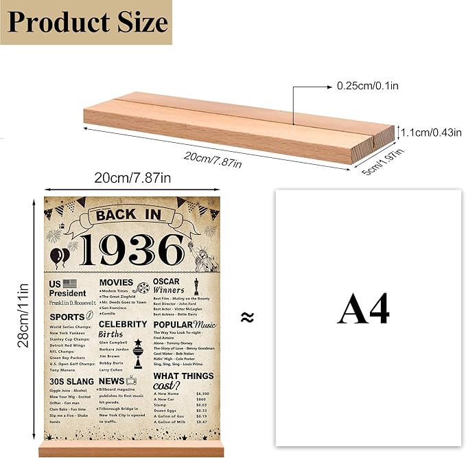 DARUNAXY 90th Birthday Party Decorations, Vintage Back in 1936 Poster Acrylic Sign with Stand 90 Year Old Party Supplies for Men& Women Vintage 1936 Table Decor 90th Anniversary Class Reunion Gifts