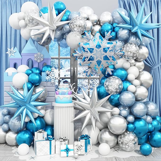 Winter Snowflakes Balloon Arch Garland Kit, White Silver Winter Balloon with Rich Large Snowflakes Mylar Star Foil Balloons*5, Metallic Silver Blue Balloons for Winter Wonderland Girl Birthday Decorat