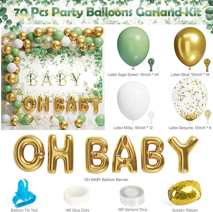 Ecomore Girl Boy Sage Green Baby Shower Decorations 247 PCS (25 Guest) Boho Greency Party Supplies with Paper Plate Napkin Cup Cutlery & Tablecloth Oh Baby Backdrop Balloon Kit for Gender Reveal Decor