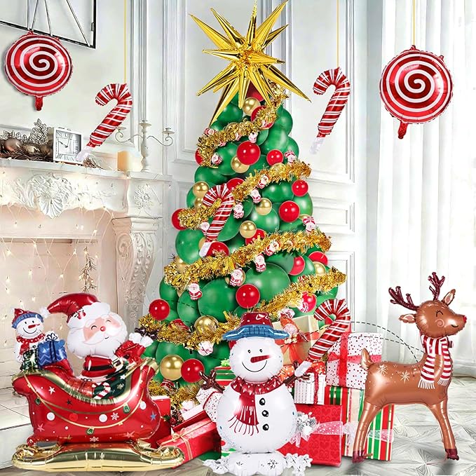 193 PCS Christmas Balloon Garland Arch Kit, Christmas Tree Balloons, Christmas Tree Snowman, Deer, Sled Aluminum Foil Balloons Santa Claus Hanging Decoration for Christmas Party