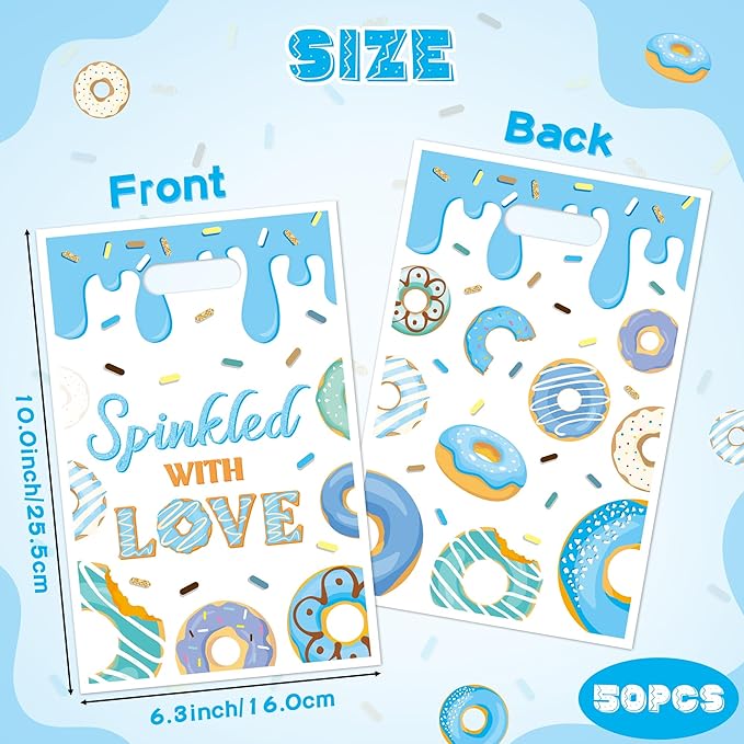 G1ngtar 50Pcs Blue Donut Party Favor Bags - Sweet Doughnut Goodie Candy Treat Gifts Waterproof Plastic Bags for Kids Birthday Party Decoration Supplies