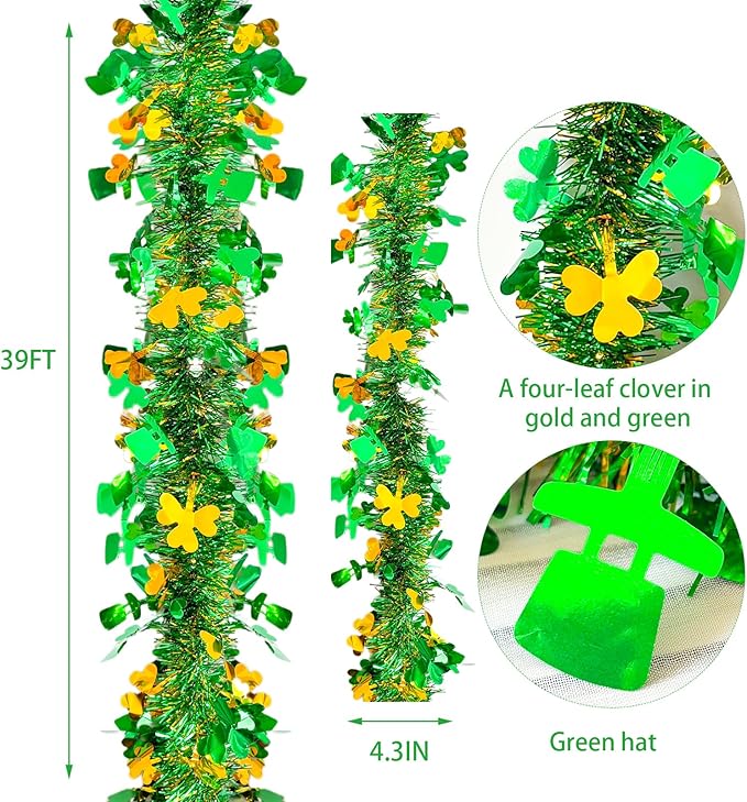 33 FT St Patricks Day Tinsel Garland Decor Gold Green Shamrock Hat Tinsel Garland Metallic Twist Hanging Garland for Home Indoor Outdoor Irish Party Supplies