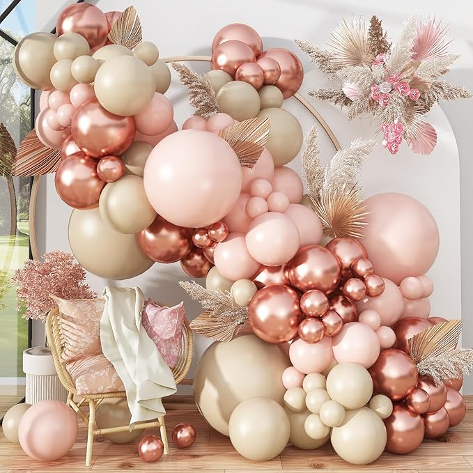 Boho Balloon Arch Double Stuffed Blush Nude Rose Gold Boho Balloon Garland Kit Rosegold Beige Peach Brown Cream Latex Balloons for Baby Bridal Shower Engagement Birthday Wedding Boho Party Decorations