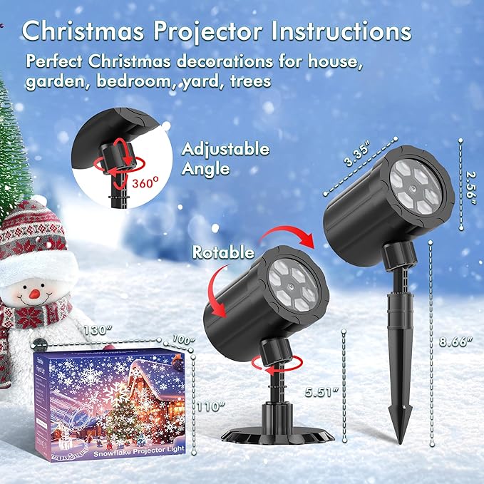 Christmas Projector Lights Outdoor, GUSODOR Dynamic Snowflake Projector IP65 Waterproof Snow Projection Lights for Indoor Outdoor Christmas Decoration, Holiday, Wedding, Yard Decor