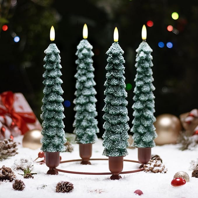 4 PCS Flameless Christmas Tree Candles with Remote, Snow Covered Real Wax Flameless Taper Candles 9.65 Inch, LED Candlesticks Battery Operated with 3D Flickering Flame, Christmas Candles Decor