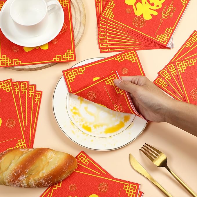50Pcs Chinese New Year Napkins Disposable 2026 Year of Horse Paper Napkins Supplies Decorations Chinese Spring Festival Happy New Year Party Napkins Set for New Year's Eve Baby Showers Holidays