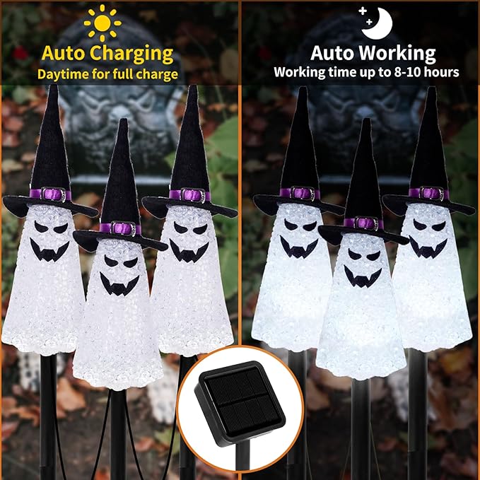 LIGHTSHINE 3PCS Ghost Solar Halloween Decorations, Solar Landscape Pathway Lights, Garden Stakes Light, Outdoor Halloween Lights Decor for Yard, Patio, Porch (White)