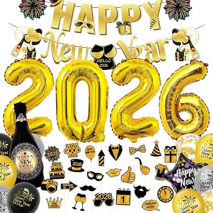 Happy New Year Party Decorations Supplies 2026- Hats, Banner, Glasses, Foil Balloon and Fringe Curtains, New Years Eve Black and Gold Party Decorations