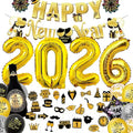 Happy New Year Party Decorations Supplies 2026- Hats, Banner, Glasses, Foil Balloon and Fringe Curtains, New Years Eve Black and Gold Party Decorations