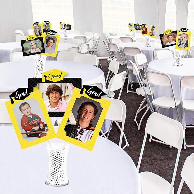 Big Dot of Happiness Yellow Graduation Photo Display Centerpiece Kit - 15 Double-Sided Photo Table Topper Sticks, Vertical and Horizontal 4x6 Picture Holders, DIY Party Decoration Set