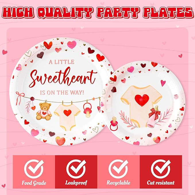 A Little Sweetheart Is On The Way Baby Shower Party Plates Supplies - Serves 24-96Pcs Bear Party Tableware Decoration Disposable Paper Plates Napkins Forks for Birthday