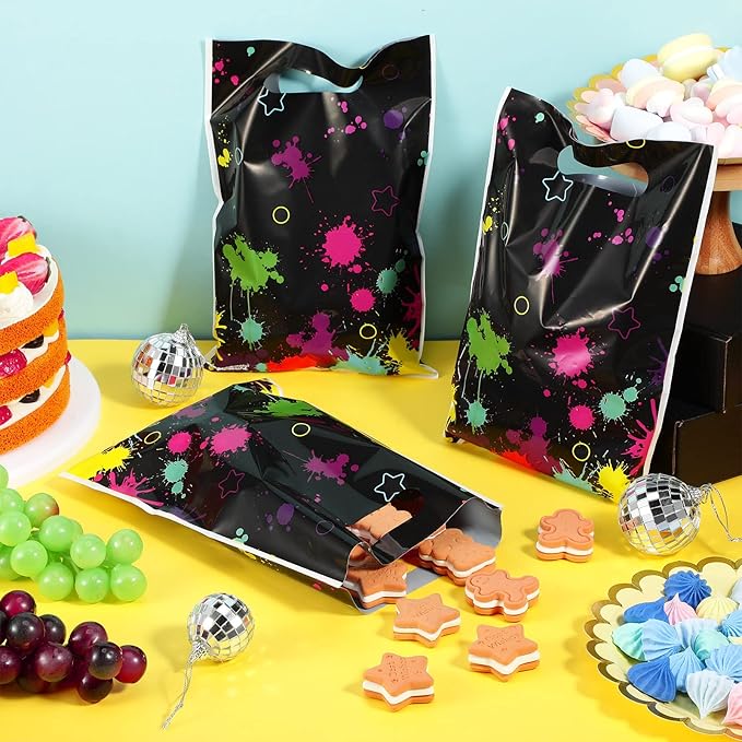 Pajean 50 Pcs Neon Candy Goodie Bags Let's Glow in The Dark Party Supplies Plastic Colorful Treat Bags Neon Gift Wrap Decor with Die Cut Handles for Glow Birthday Party Decoration(Black)