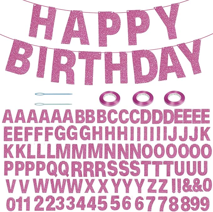 116 Pcs DIY Glitter Customizable Banner Kit Custom Banner Including 111 Letters and Numbers 3 Rope and 2 Threading Device for Personalized Decor for Women's Day Birthday (Pink)