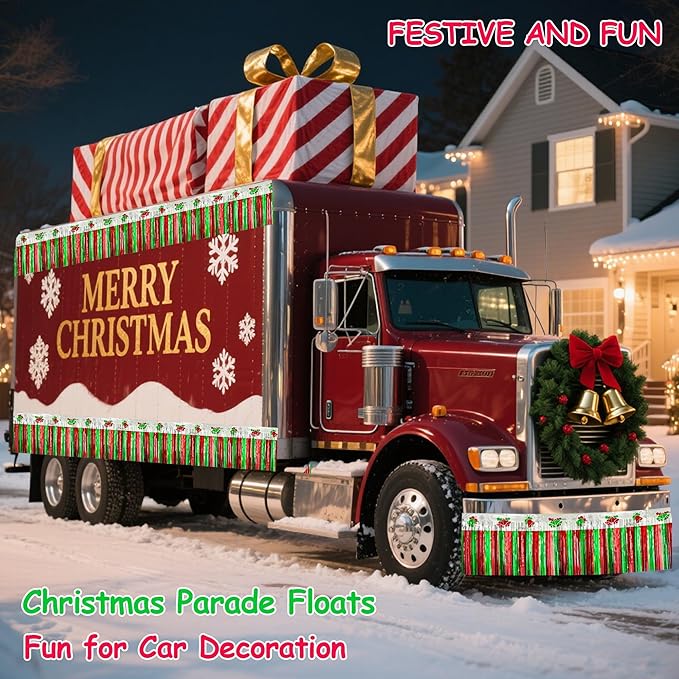 4 Pack 39Ft Christmas Parade Floats for Trailer Car, Bells & Snowflakes Foil Fringe Garland Tinsel Streamers Hanging Banner Table Skirts for Christmas Homecoming Birthday Party (Bell)