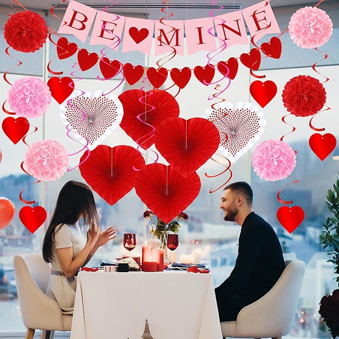 26PCS Valentines Decorations, Happy Valentines BE MINE Banner, Heart Felt Garland Paper Fans POMPOM Flowers, Red Pink Hanging Swirls for Heart Love Party Decorations Decor Wedding Supplies