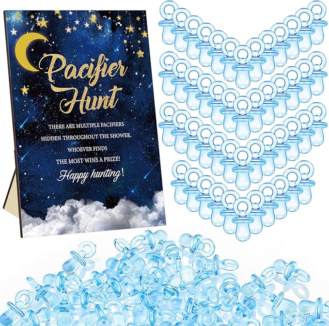 Thyle 51 Pcs Over The Moon Pacifier Hunt Baby Shower Games Include Navy Blue Starry Night Hunt Sign and Acrylic Pacifiers Moon Theme Baby Shower Game Decoration Gift Sets for Gender Reveal Party Decor
