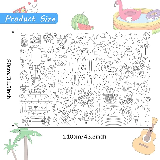 ZOIIWA Hello Summer Coloring Poster Giant Coloring Poster Large Summer Coloring Tablecloth Jumbo Coloring Books Classroom Home Birthday Party Supplies Favor 31.4 x 43.3 Inch