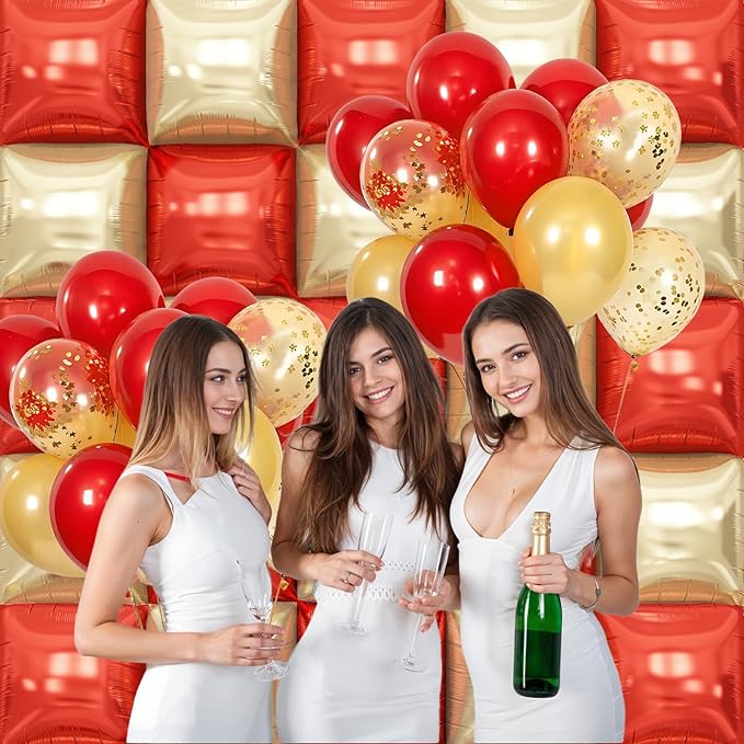 Red and Gold Square Foil Balloons Wall, Double Sided Chrome Light Gold and Red Balloons Tunnel Arch Kit Backdrop for New Year 2026 Birthday Graduation Wedding Valentine's Day Party Decorations