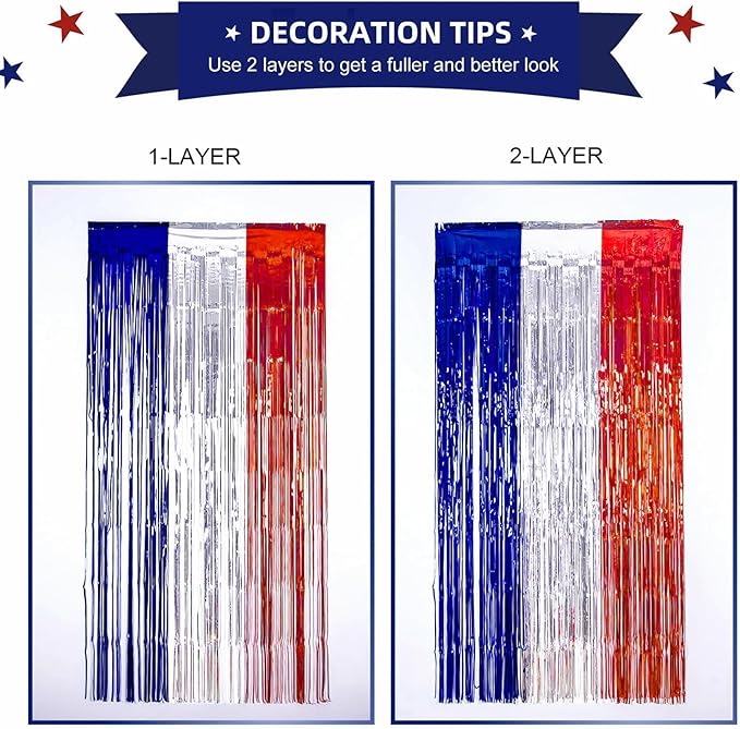LOLStar 4th of July Decorations, 3Pack Red White and Blue Decorations Streamers Patriotic Foil Fringe Curtains Photobooth Props Party Backdrop for USA Themed Olympics Election Veterans Day Decor
