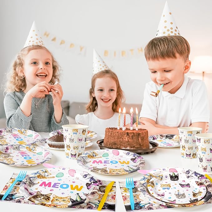 Cats Happy Birthday Party Plates Set, 168PCS Cats Themed Paper Plates Napkins Cups and Colorful Cutlery Set, 24 Set Cat Disposable Tableware Set for Birthday Party Supplies