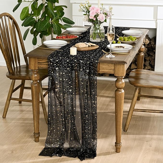 Horaldaily Black Gold Sparkling Star Gauze Tablecloth 60x84 Inch Rectangular, Golden Star Sequin Glitter Metallic Foil, Sheer Tulle Cheesecloth for Wedding Baby Shower Party