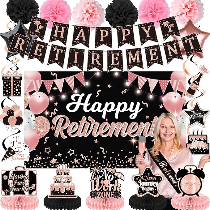 22Pcs Rose Gold Retirement Party Decorations for Women, Happy Retirement Banner, Poster, Sash, Balloons, Honeycomb Centerpieces - Retirement Party Supplies for Farewell Goodbye Party