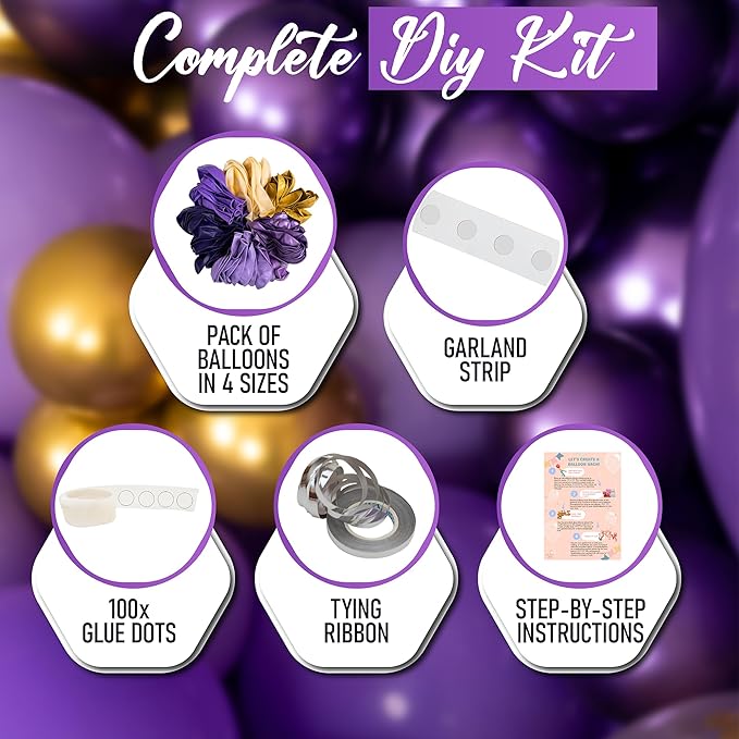 ALL-IN-1 Purple and Gold Balloon Arch & Garland Kit – Small and Large Purple Gold Balloons with Confetti – Lavender, Dark Purples, Pastel Purples Lilac Party Decorations for Birthday and Graduation