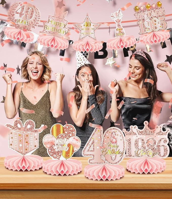 9 Pcs 40th Birthday Decoration for Women Happy 40th Birthday Table Honeycomb Decorations Rose Gold Pink Centerpieces Tables Toppers1986 Decor Cheers to 40 Years Old Birthday Party Favors