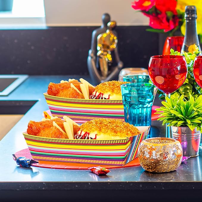 100 PCS Cinco De Mayo Plates, Large Capacity Mexican Plates, Serape Cinco De Mayo Food Trays Fiesta Hot Dog Trays Mexican Trays for Serving Food, Disposable Fiesta Party Decorations