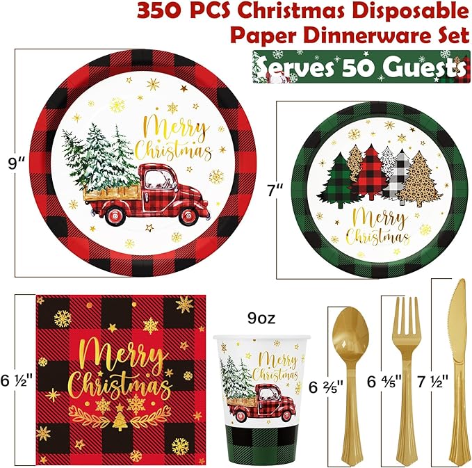 Christmas Party Decorations Supplies - 350 PCS Merry Christmas Birthday Buffalo Plaid Disposable Dinnerware Set(50 Guest) with Xmas Paper Plates Napkins Cups Plastic Fork Knive Spoon for Holiday Decor