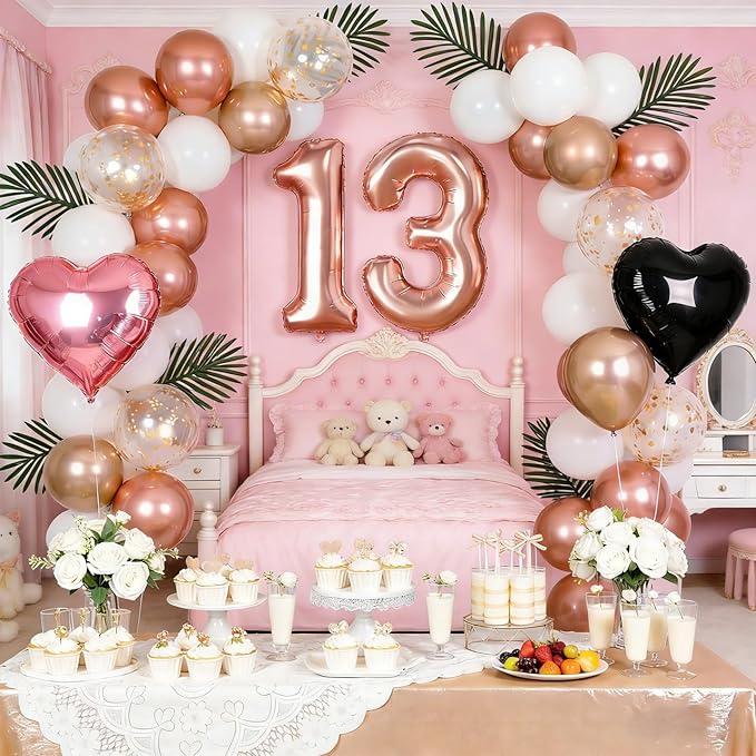 13th Birthday Decorations for Girls - Rose Gold, Black Hot Pink Party Supplies Set with Happy 13th Banner, Number 13 Balloons and Foil Fringe Curtains - 13 Year Old Officially Teenager Celebration Kit