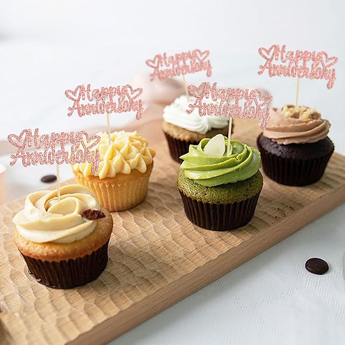 Gyufise 24 Pieces Rose Gold Glitter Happy Anniversary Cupcake Toppers Anniversary Party Supplies Cake Decoration Wedding Celebration Party Decoration Supplies