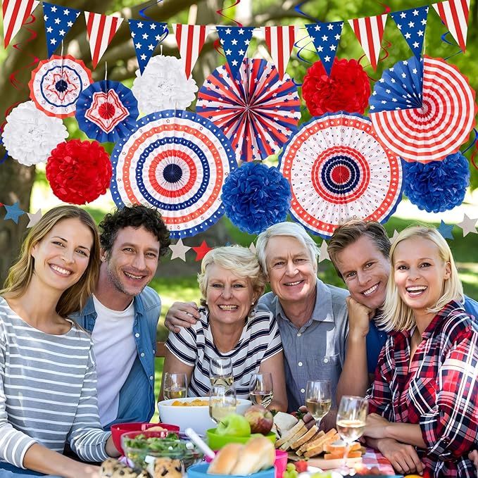 29PCS 4th/Fourth of July Patriotic Decorations Set - Red White Blue Paper Fans,USA Flag Pennant,Star Streamer,Pom Poms,Hanging Swirls Party Decor Supplies