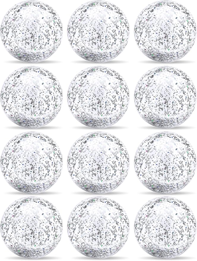 12 Pack Inflatable Glitter Beach Balls Bulk-16" Beach Ball Swimming Pool Toys for Games Adults Kids, Summer Pool Beach Party Decoration,Luau Decorations Essential Blow Up Beach Ball (Silver,Glitter)
