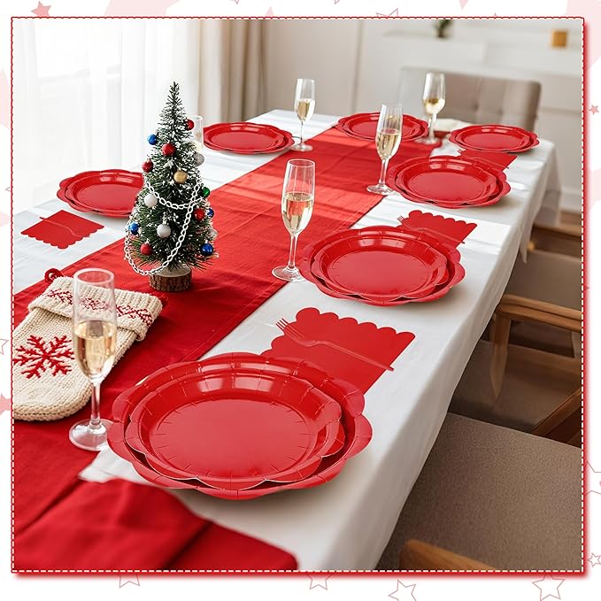 96 Pcs Red Paper Plates and Napkins Set Party Supplies, Tableware set for 24 Guest include Disposable Red Scalloped Plates, Napkins and Forks for Baby Shower Bridal Shower Wedding Christmas