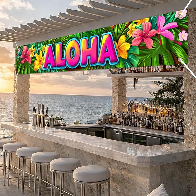 Aloha Backdrop Banner Hello Summer Hawaiian Tropical Theme Supplies Outdoor Banner 118 x 20 inch Party Backdrop Decorations Photo Booth Props Summer Supplies Large Yard Sign