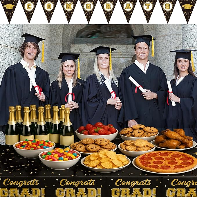 Graduation Decorations Tablecloth Set, Class of 2026 Graduation Party Supplies Gongrats Grad Tablecover Decor for High School University Graduates Party, Black and Gold Table Cloth with Banner