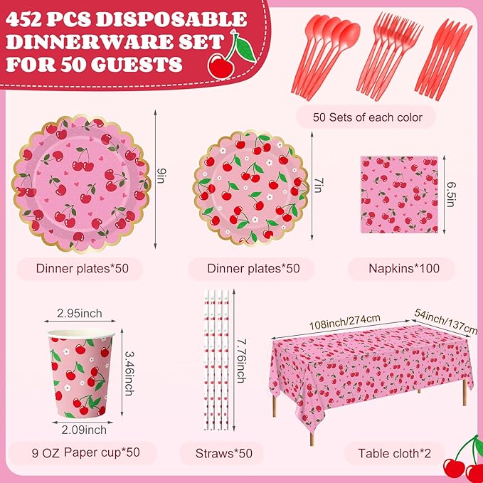 Ceenna 452 Pcs Cherry Birthday Party Supplies for 50 Guest, Summer Fruit Paper Plates Napkins Cups Tablecloth Cutlery Straw Disposable Tableware for Picnic Birthday Baby Bridal Shower Party Decoration
