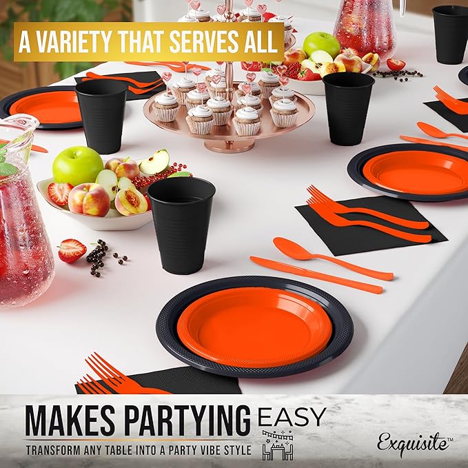 350 Pcs Orange & Black Plastic Plates For Party, Orange & Black Disposable Plates Set, 50 Of Each 9" Dinner Plate Set, 7" Dessert Plate, Cups, Napkins & Cutlery Plastic Dinnerware Set Exquisite