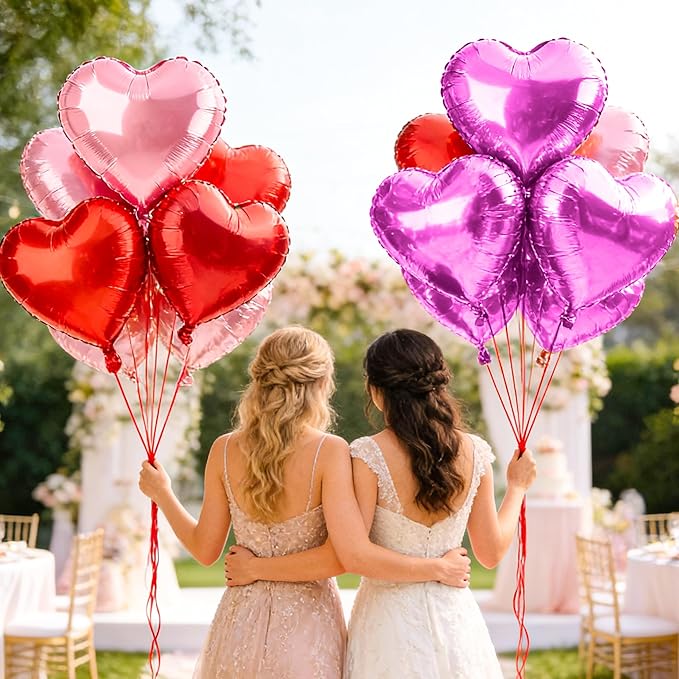 12 Pcs Red and Hot Pink Heart Foil Balloons for Valentines Day Decorations, 18 Inch Romantic Love Valentine Heart Balloons for Galentines Day Decorations Wedding Marriage Birthday Bridal Shower Party