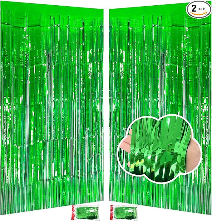 St Patricks Day Decorations Green Tinsel Backdrop 3.3x8.2ft, 2 Pack Foil Fringe Curtain Football Party Door Streamers, Green Fringe Backdrop for Superbowl Easter Christmas Jungle Birthday Irish Decor