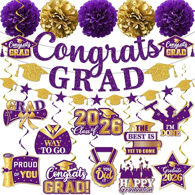 Purple Graduation Decorations, Glitter Congrats Grad Banner Hanging Swirls and Tissue Pom Poms, Purple and Gold Graduation Decorations for Class of 2026 College Graduations Party Decorations