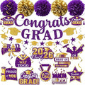 Purple Graduation Decorations, Glitter Congrats Grad Banner Hanging Swirls and Tissue Pom Poms, Purple and Gold Graduation Decorations for Class of 2026 College Graduations Party Decorations