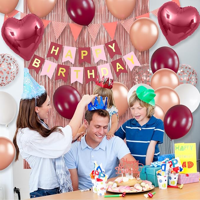 Burgundy Birthday Decorations,Happy Birthday Banner Wine Red Balloons Fringe Curtain Heart Foil Balloons for Women Girl