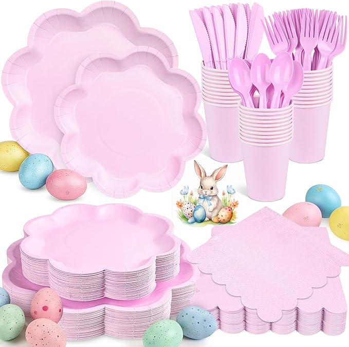 350 Pcs Lavender Paper Plates and Napkins Set, Tableware Set for 50 Guests Include Disposable Purple Scalloped Plates, Napkins, Cups, Knives, Fork & Spoon for Easter Party Baby Shower Wedding