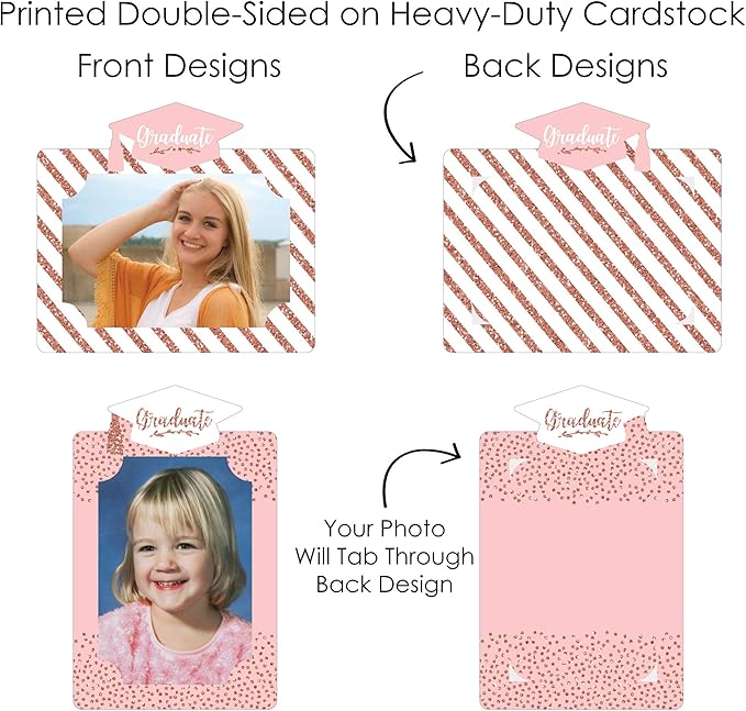 Rose Gold Grad Graduation Photo Display Centerpiece Kit - 15 Double-Sided Photo Table Topper Sticks, Vertical and Horizontal 4x6 Picture Holders, DIY Party Decoration Set