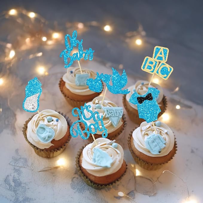 24Pcs Oh Baby Cupcake Toppers Blue Glitter It's a Boy Cupake Toppers with Swan Onesie Bottle Baby Shower Gender Reveal Cupcake Picks Decorations for Kids Boys Birthday Party Cake Decorations Supplies